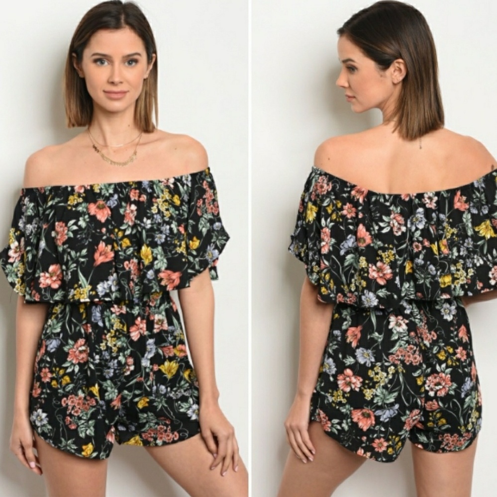 Black and Floral Off the Shoulder Romper